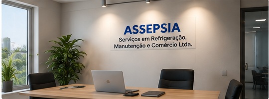 Sala corporativa da ASSEPSIA com mesa e identificação da empresa na parede
